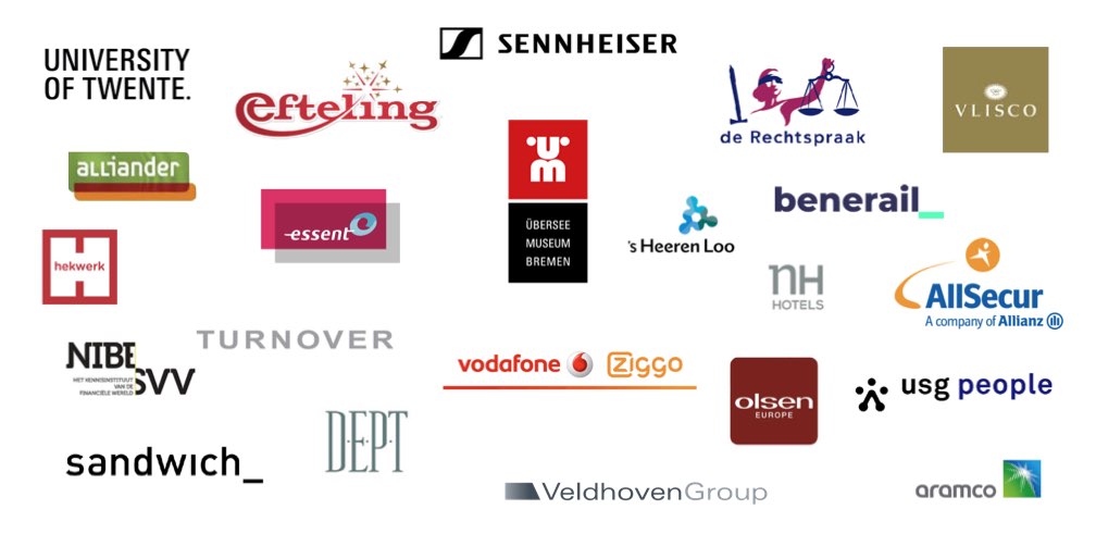 Clients we worked for: University of Twente, De Efteling, Vlisco, De Recgtspraak, Vodafone Ziggo, NIBE-SVV, Hekwerk, alliander, Allsecur, Olsen Fashion, DEPT Fashion, Sandwich Fashion, aramco, Veldhoven Group Fashion, Sennheiser, Turnover, Essent.